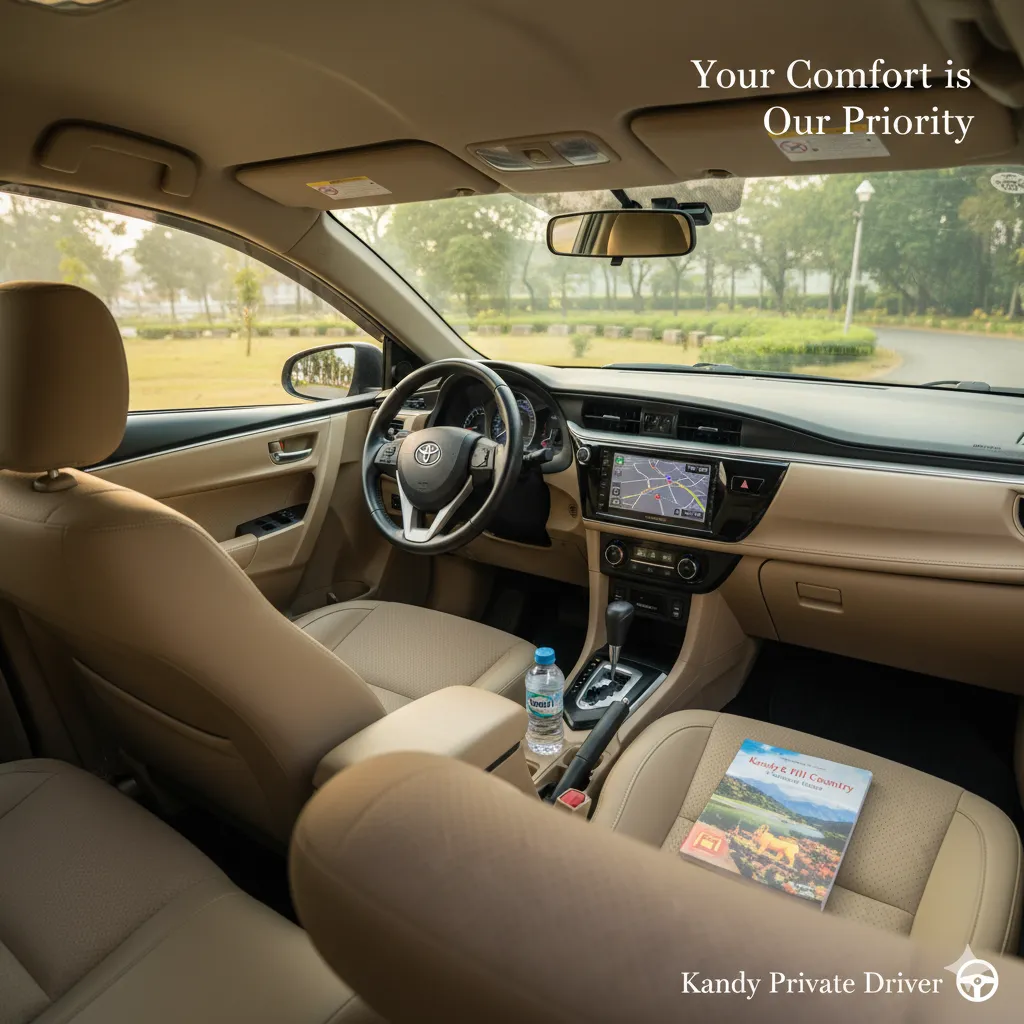 Comfortable air-conditioned interior of Toyota Axio hybrid car hire Kandy