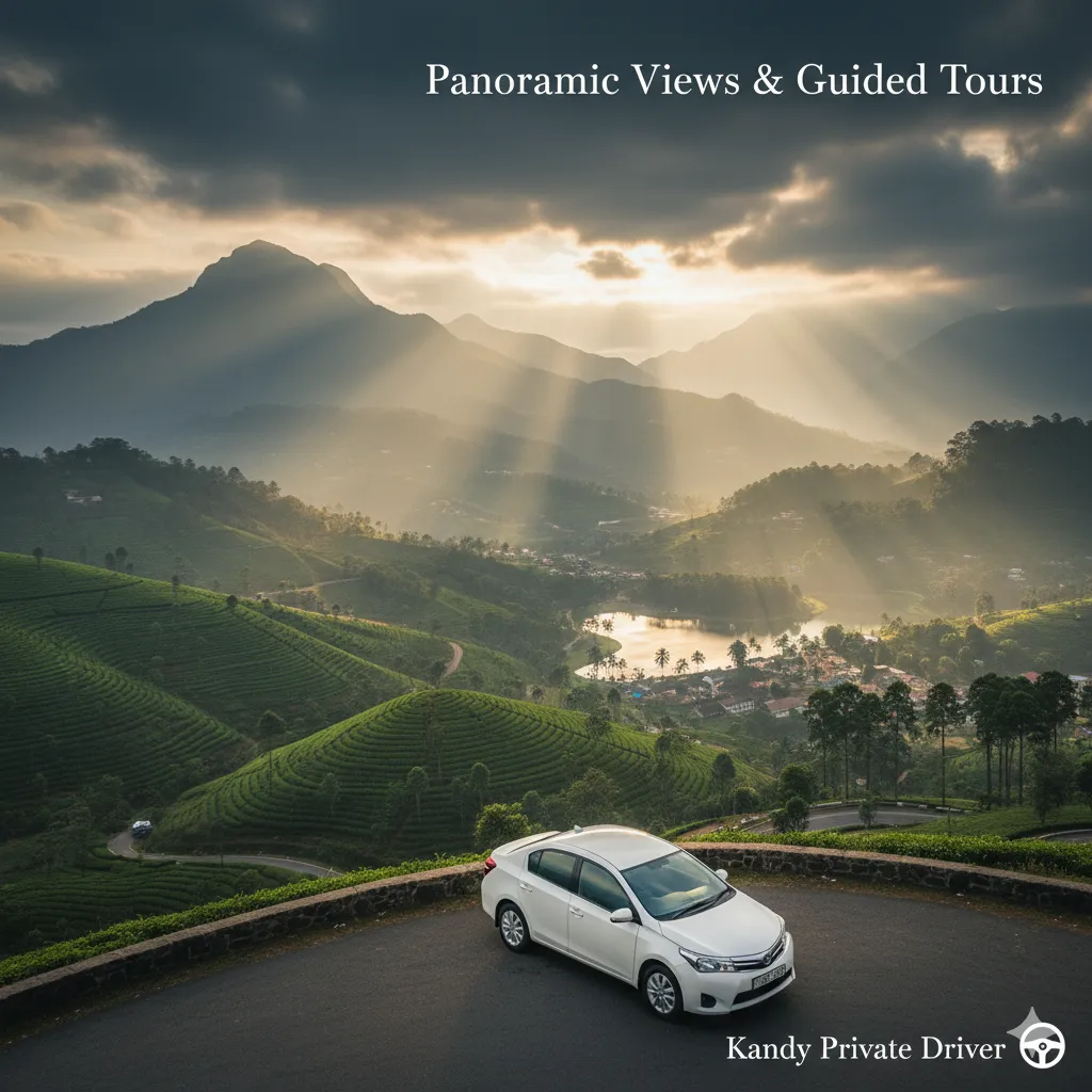 Private driver hire in Kandy Sri Lanka - Toyota Axio hybrid car on scenic mountain road with panoramic views