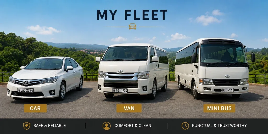 My fleet: white Toyota car, van, and mini bus labeled for private driver hire in Kandy, Sri Lanka