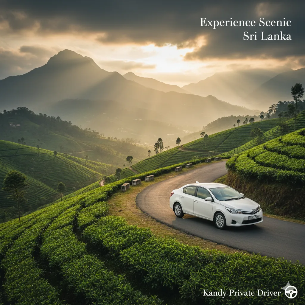 Eco-friendly Toyota Axio hybrid private driver on scenic tea plantation road Kandy Sri Lanka
