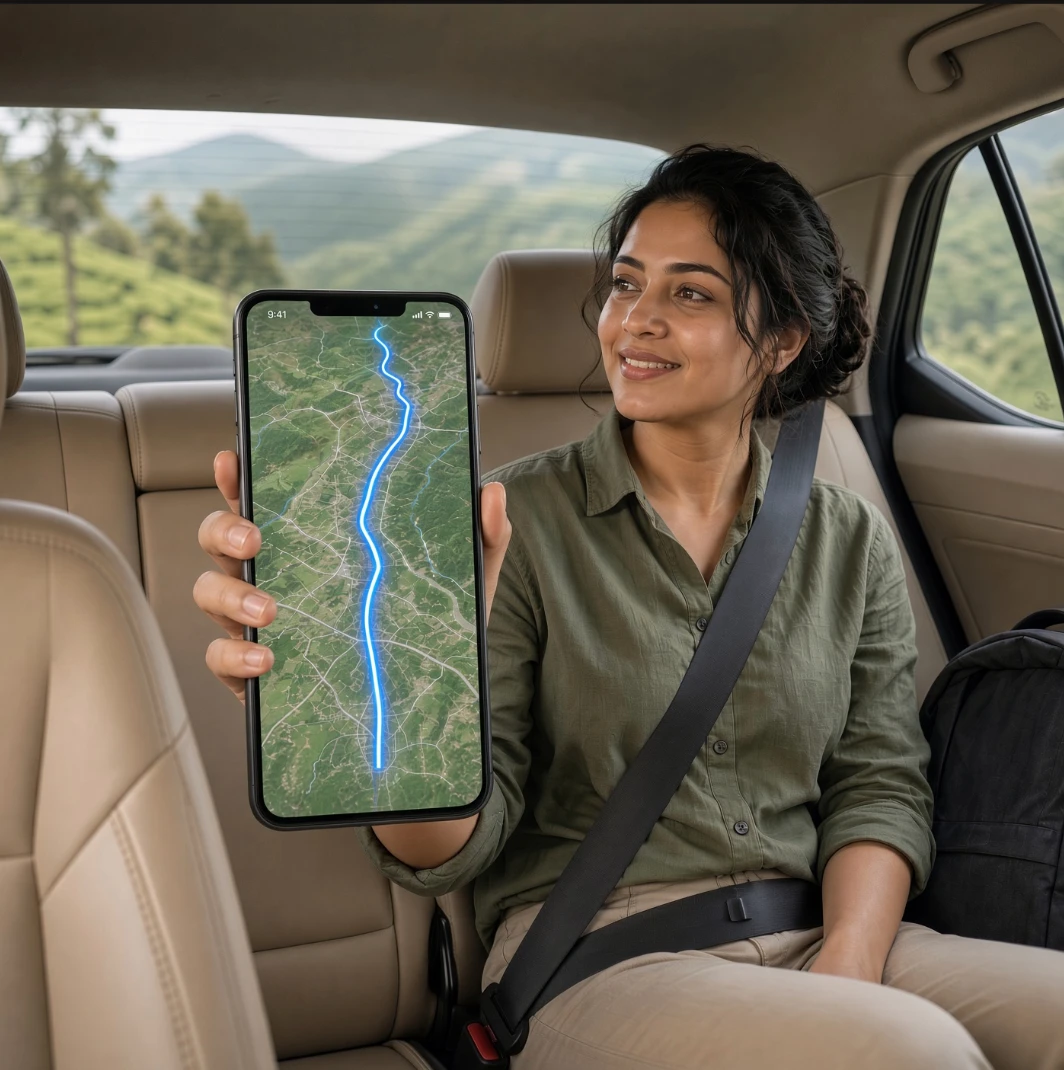 Solo female traveller in the back seat of a Kandy Transfers car, seatbelt fastened, following her live route on a phone map with tea hills outside