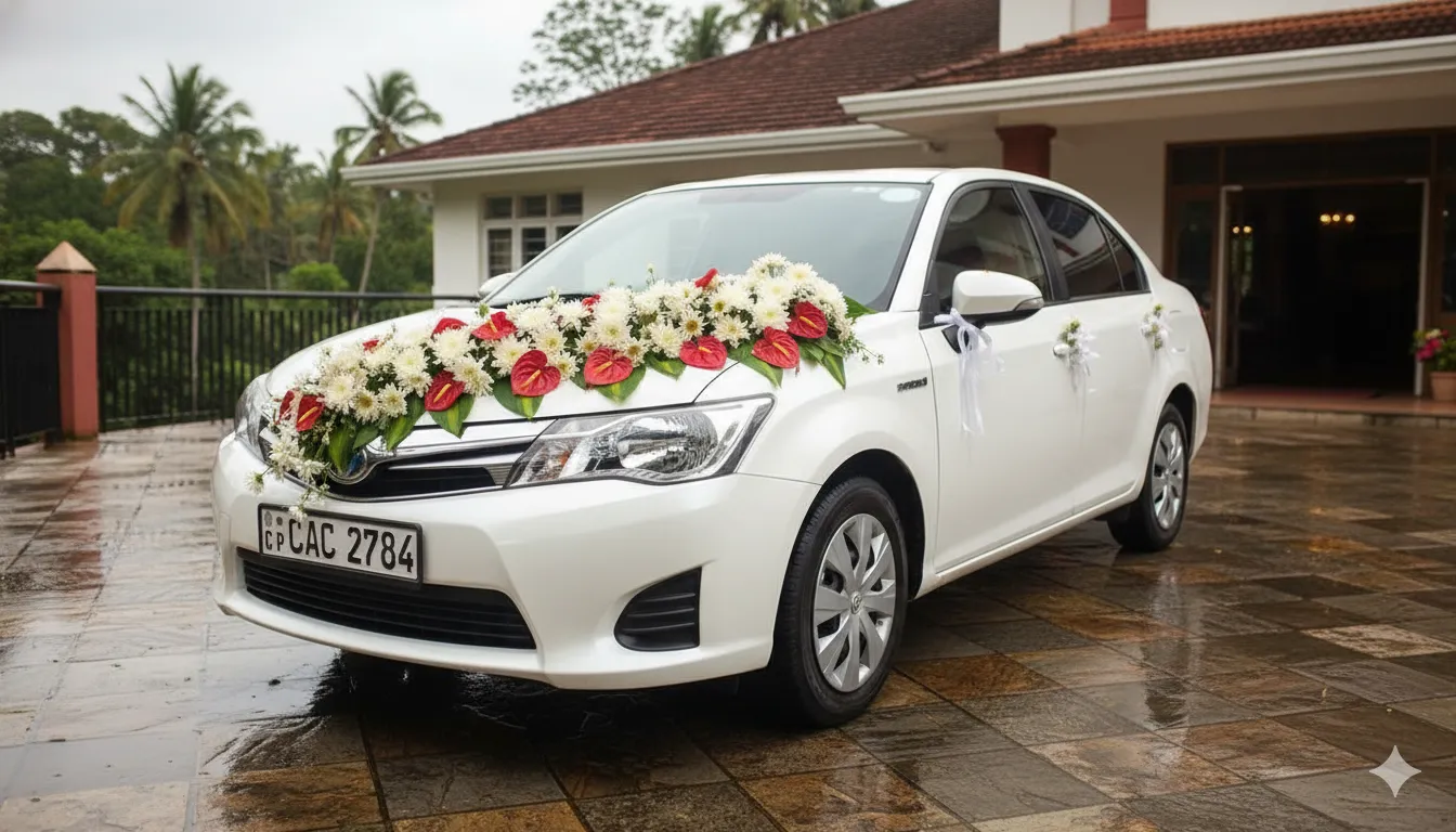 Wedding car hire Kandy Sri Lanka Toyota Axio flower decorated