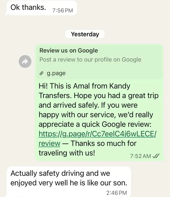 WhatsApp message from a guest after a trip: safe driving, we enjoyed it very much, he is like our son