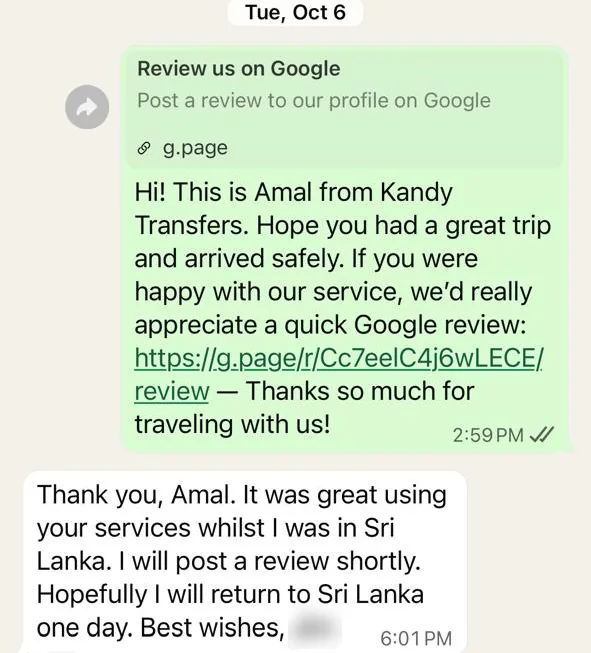 WhatsApp message from a guest: it was great using your services whilst I was in Sri Lanka, I will post a review shortly