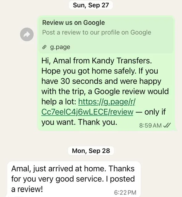WhatsApp message from a guest who got home safely: thanks for the very good service, I posted a review