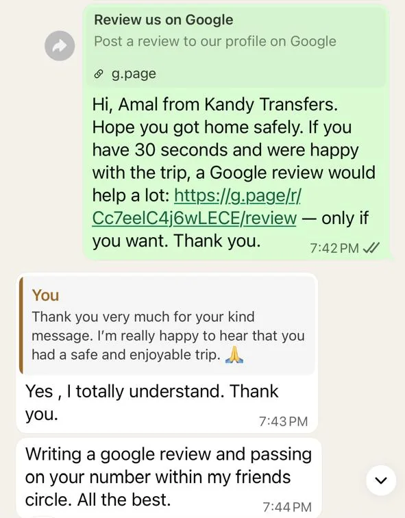 WhatsApp message from a guest: writing a Google review and passing my number on within my friends circle