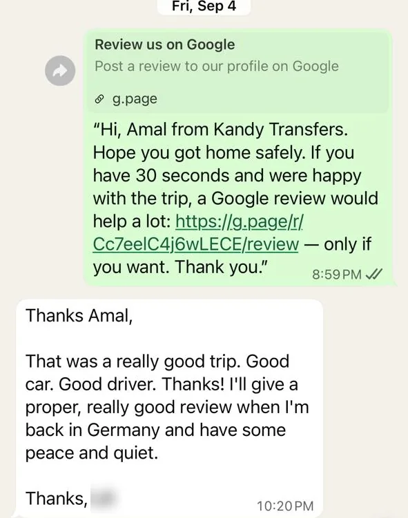 WhatsApp message from a German guest: a really good trip, good car, good driver, will give a really good review