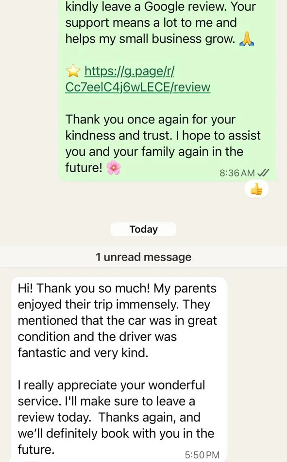 WhatsApp message from a guest whose parents enjoyed their trip: the car was in great condition and the driver was fantastic and very kind